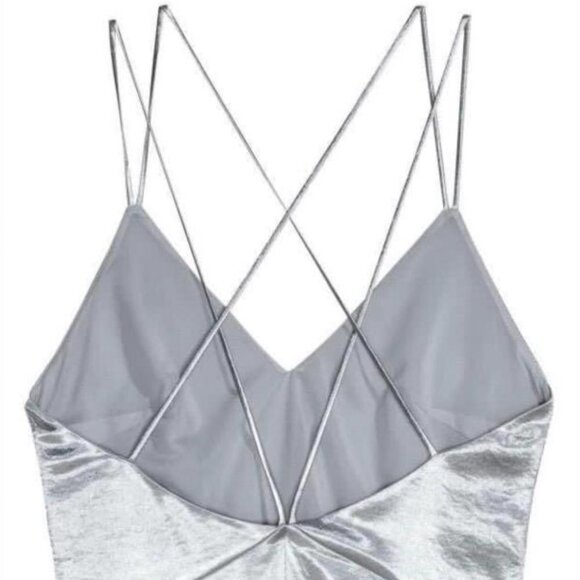 NWT H&M Silver Metallic Strappy Maxi Dress Gown Size 12 - Picture 3 of 7